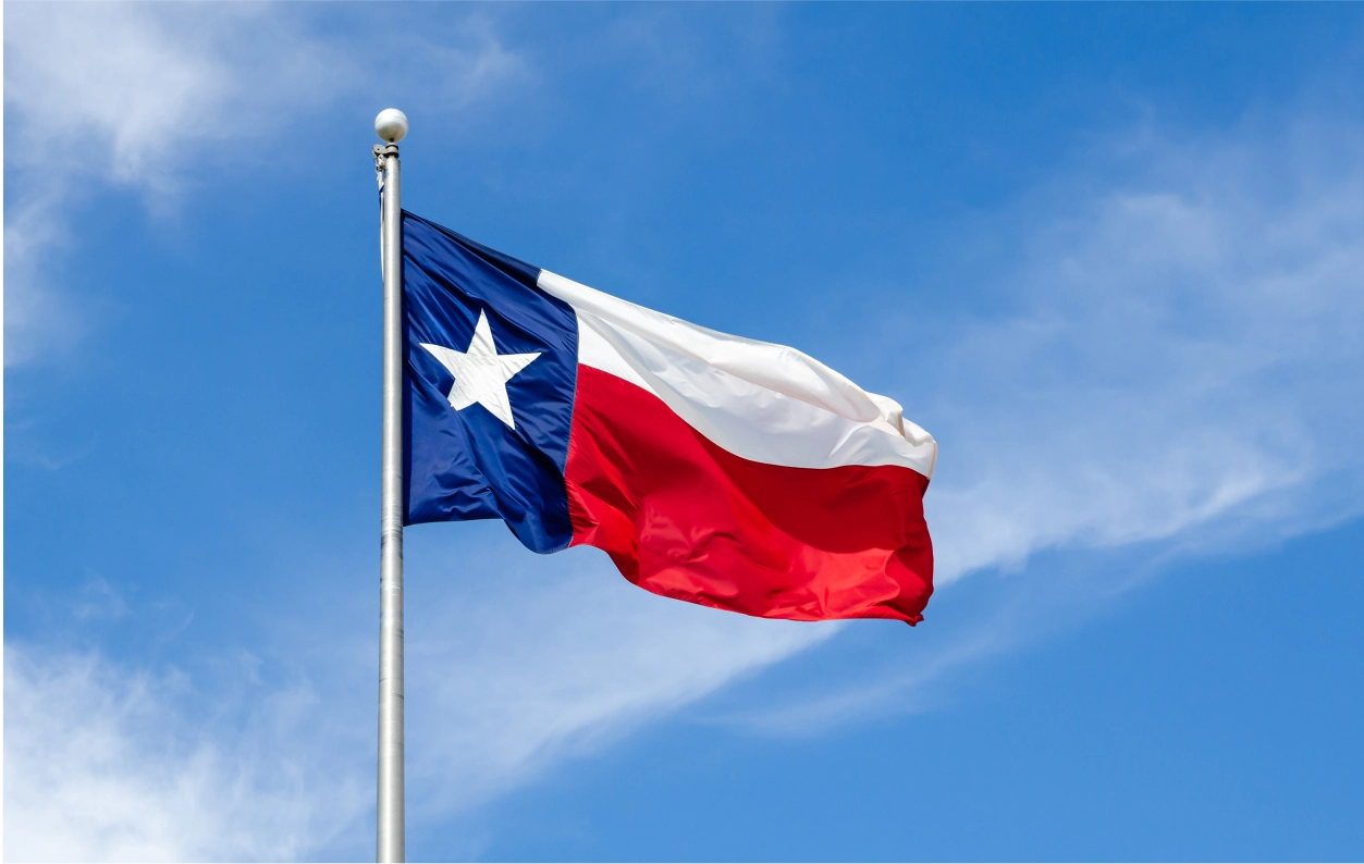The Texas flag on a flagpole, with the sky in the background.